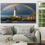 Lighthouse Rainbow Tempered Glass Wall Art, Ocean Coastal Landscape Decor