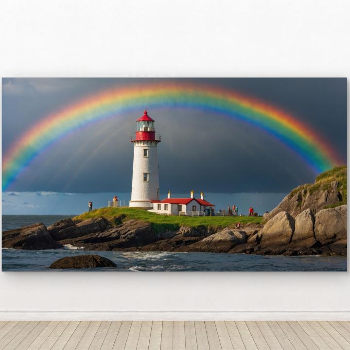 Lighthouse Rainbow Tempered Glass Wall Art, Ocean Coastal Landscape Decor