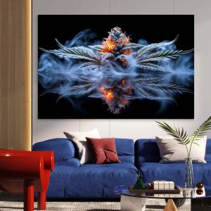 Cosmic Cannabis Bud Tempered Glass Wall Art, Glowing Marijuana Flower Glass Print