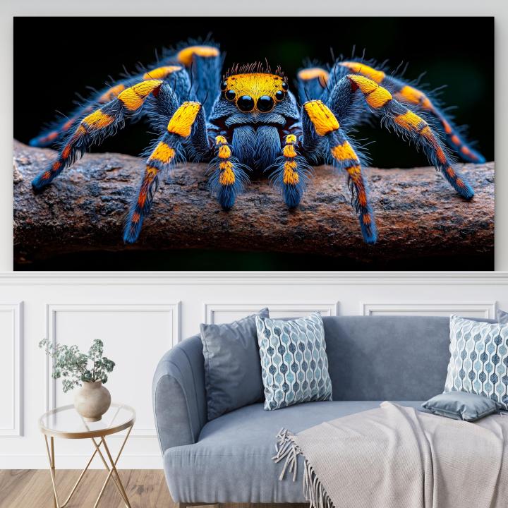 Jumping Spider Tempered Glass Wall Art, Macro Insect Portrait, Blue Orange Fangs