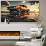 Classic Orange Muscle Car Tempered Glass Wall Art, Retro Sunset Reflection Decor