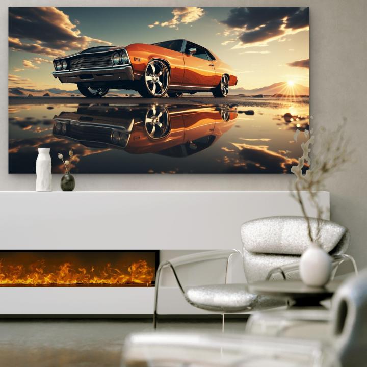 Classic Orange Muscle Car Tempered Glass Wall Art, Retro Sunset Reflection Decor