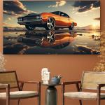 Classic Orange Muscle Car Tempered Glass Wall Art, Retro Sunset Reflection Decor