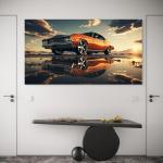 Classic Orange Muscle Car Tempered Glass Wall Art, Retro Sunset Reflection Decor