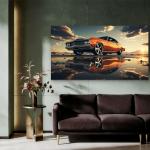 Classic Orange Muscle Car Tempered Glass Wall Art, Retro Sunset Reflection Decor