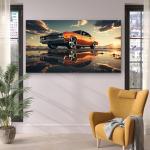 Classic Orange Muscle Car Tempered Glass Wall Art, Retro Sunset Reflection Decor