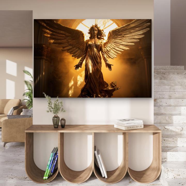 Golden Angel Wings Glass Wall Art, Heavenly Divine Goddess Tempered Glass Print
