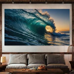 Ocean Wave Tempered Glass Wall Art, Crashing Blue Sunset Decor