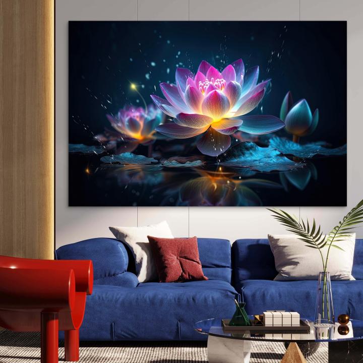 Glowing Lotus Flower Glass Wall Art, Mystic Water Lily Decor, Tempered Glass Printing