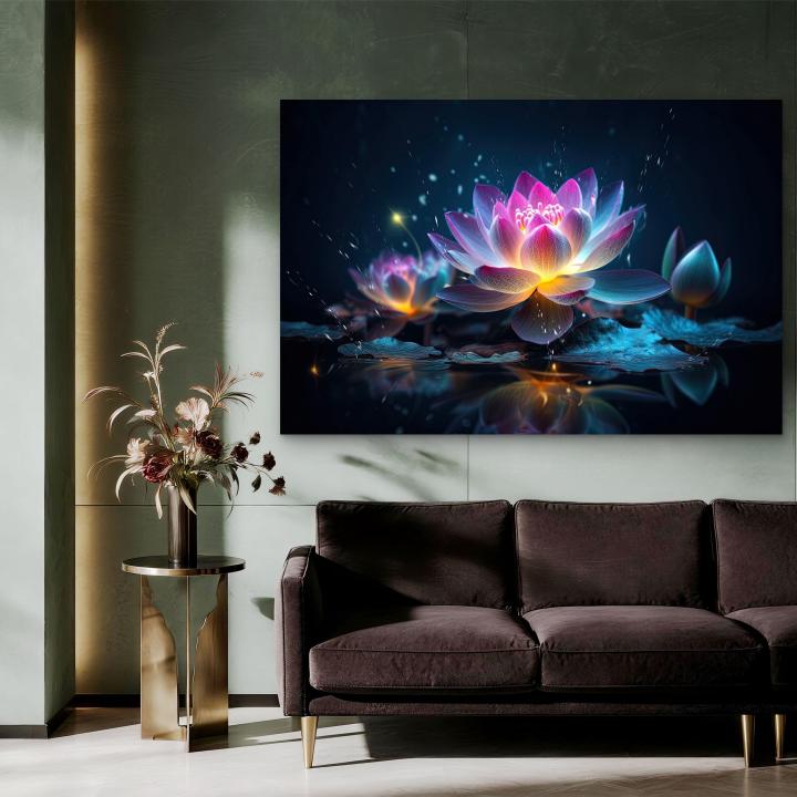 Glowing Lotus Flower Glass Wall Art, Mystic Water Lily Decor, Tempered Glass Printing