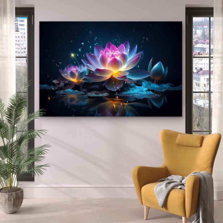 Glowing Lotus Flower Glass Wall Art, Mystic Water Lily Decor, Tempered Glass Printing