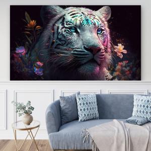 Ethereal Beauty: White Tiger and Floral Design – Tempered Glass Artwork for Modern Interiors