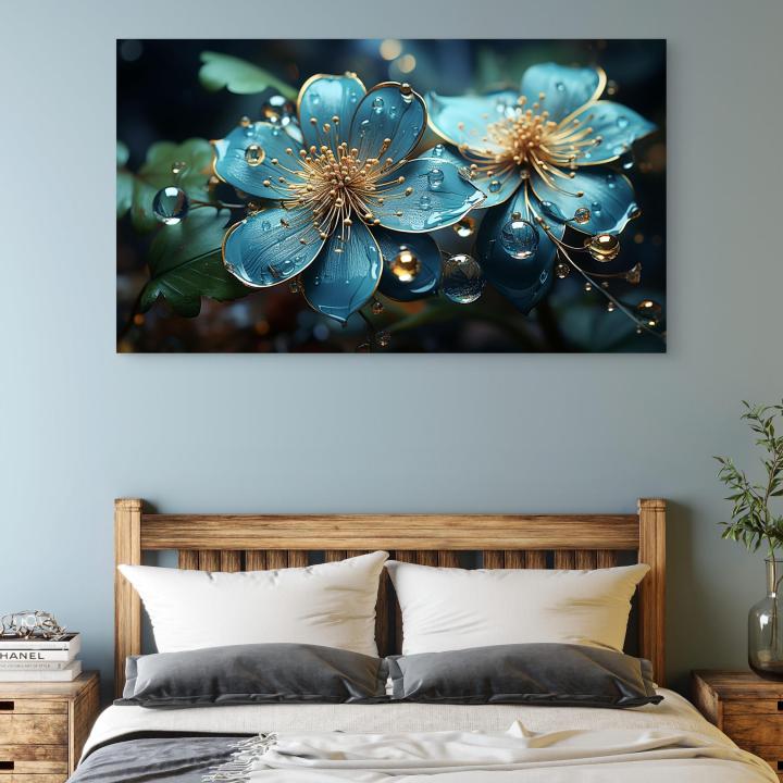 Teal Floral Glass Wall Art, Gold Detail, Turquoise Flower Decor