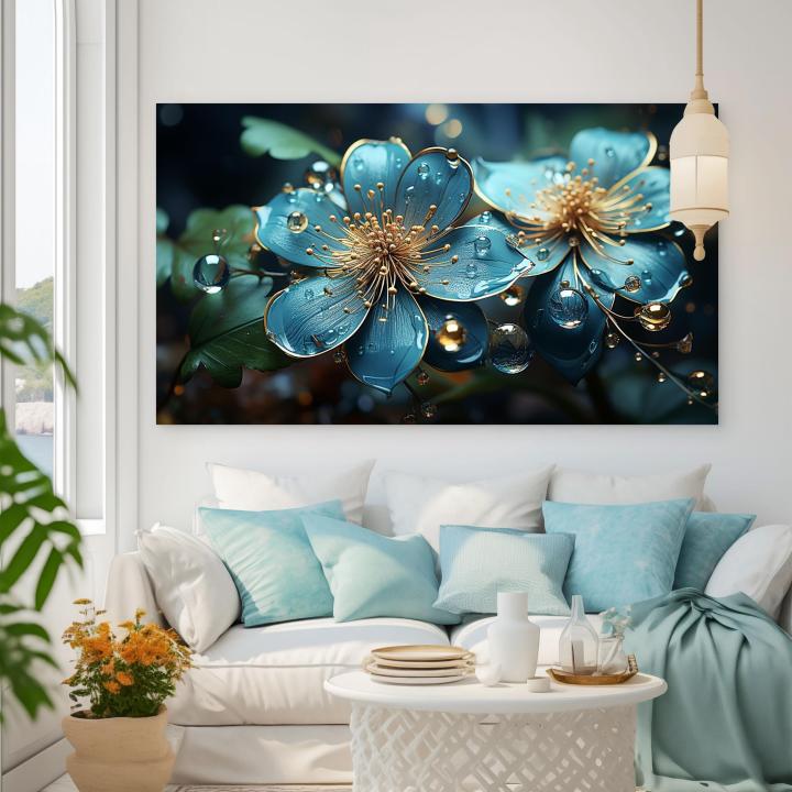 Teal Floral Glass Wall Art, Gold Detail, Turquoise Flower Decor