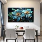 Teal Floral Glass Wall Art, Gold Detail, Turquoise Flower Decor