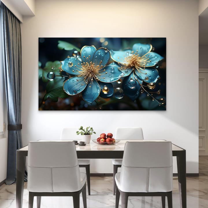 Teal Floral Glass Wall Art, Gold Detail, Turquoise Flower Decor