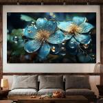 Teal Floral Glass Wall Art, Gold Detail, Turquoise Flower Decor
