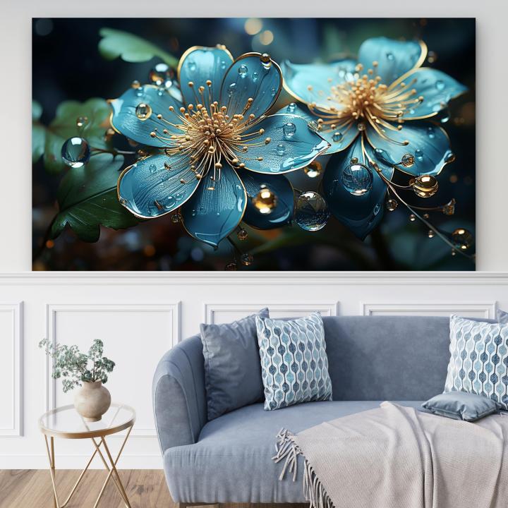 Teal Floral Glass Wall Art, Gold Detail, Turquoise Flower Decor