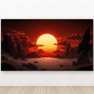 Red Sunset Desert, Tempered Glass Printing,Huge Sun Rocky Mountain Print