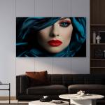 Tempered Glass Wall Art, Dramatic Woman Portrait, Red Lips Teal Silk Print