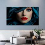 Tempered Glass Wall Art, Dramatic Woman Portrait, Red Lips Teal Silk Print