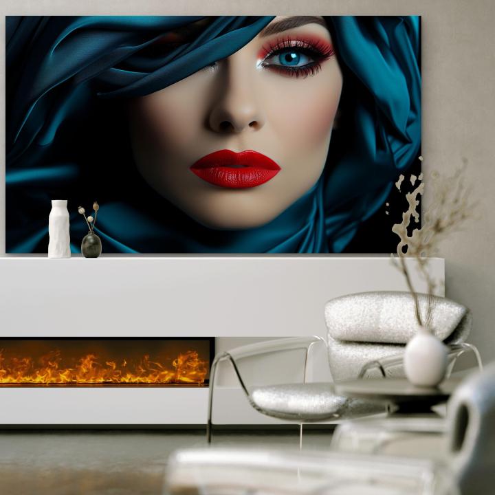 Tempered Glass Wall Art, Dramatic Woman Portrait, Red Lips Teal Silk Print