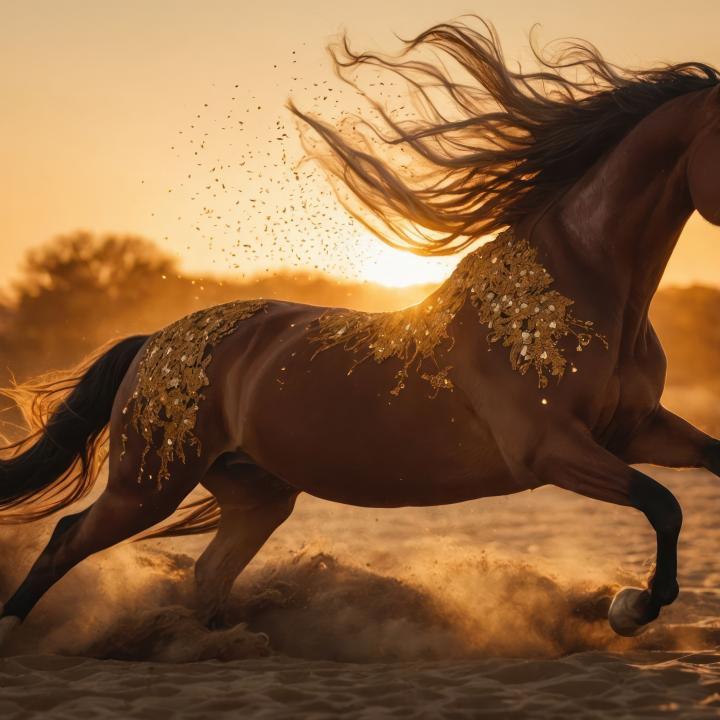 Extra Large Tempered Glass Art: Golden Runner - Galloping Horse at Sunset with Glitter Dust