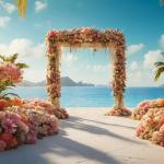 Large Floral Wedding Arch Beach View Tempered Glass Art,Romantic Wedding Decor,Destination Vibe