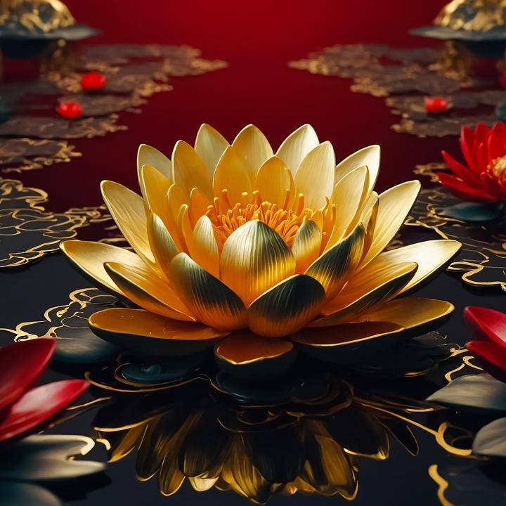 Golden Lotus Flower Tempered Glass Wall Art,  Luxury Red and Black Oriental Decor, Modern Luxury Art, Statement Art for Living Room