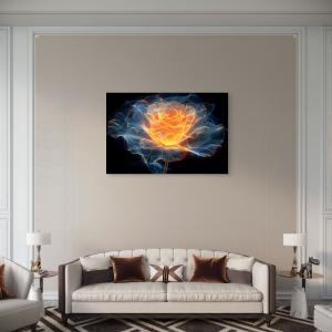 Glowing Abstract Rose Tempered Glass Wall Art, Neon Flower Smoke Effect, Fire and Ice Rose Decor