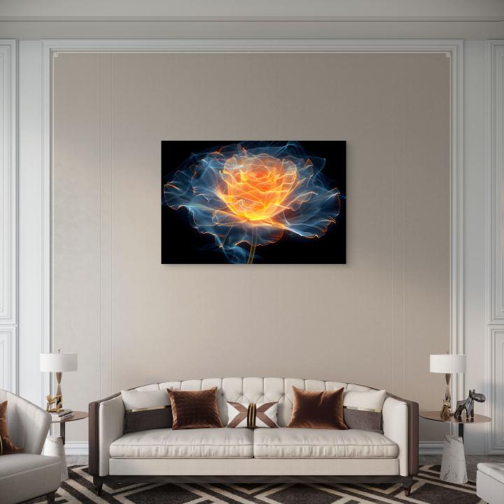 Glowing Abstract Rose Tempered Glass Wall Art, Neon Flower Smoke Effect, Fire and Ice Rose Decor