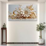 Exquisite Pearl and Gold Embellished Floral Tempered Glass Art | Glossy Large Glass Panel Decor