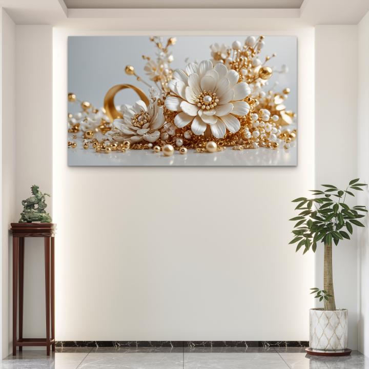 Exquisite Pearl and Gold Embellished Floral Tempered Glass Art | Glossy Large Glass Panel Decor