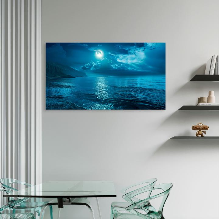 Tempered Glass Wall Art, Full Moon over Ocean Night View,Moonlight Sea Reflection
