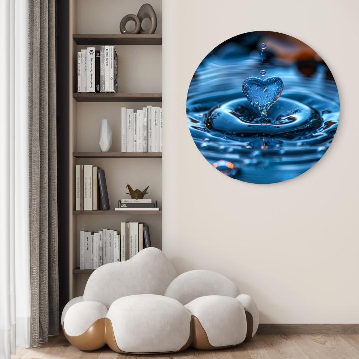 Blue Heart Water Drop Round Tempered Glass Wall Art, Macro Splash Photography, Abstract Ocean Decor