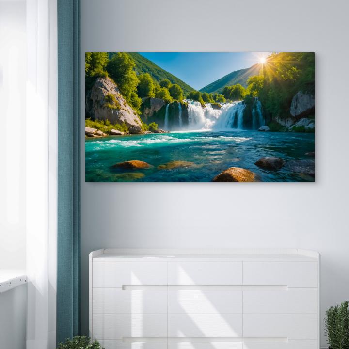 Emerald Forest and Waterfall Tempered Glass Art Large Nature Landscape Wall DecorVibrant River Scene