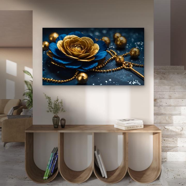 Luxury Gold Flower on Deep Blue Background – Large Tempered Glass Wall Artwork