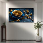 Luxury Gold Flower on Deep Blue Background – Large Tempered Glass Wall Artwork
