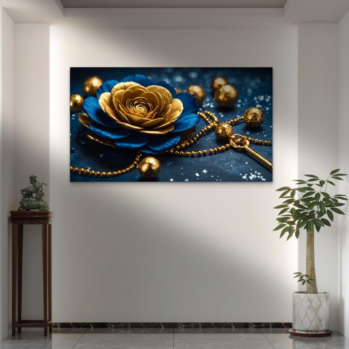 Luxury Gold Flower on Deep Blue Background – Large Tempered Glass Wall Artwork
