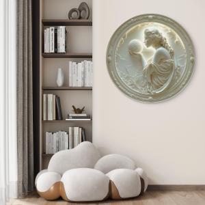Moon Goddess Embossed Art,Elegant Female Figure Tempered Glass Wall Art,3D Relief Effect Round