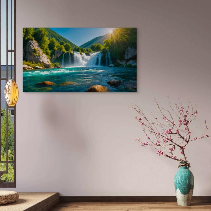 Emerald Forest and Waterfall Tempered Glass Art Large Nature Landscape Wall DecorVibrant River Scene