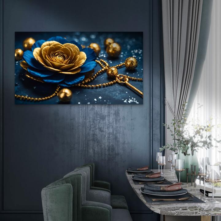 Luxury Gold Flower on Deep Blue Background – Large Tempered Glass Wall Artwork