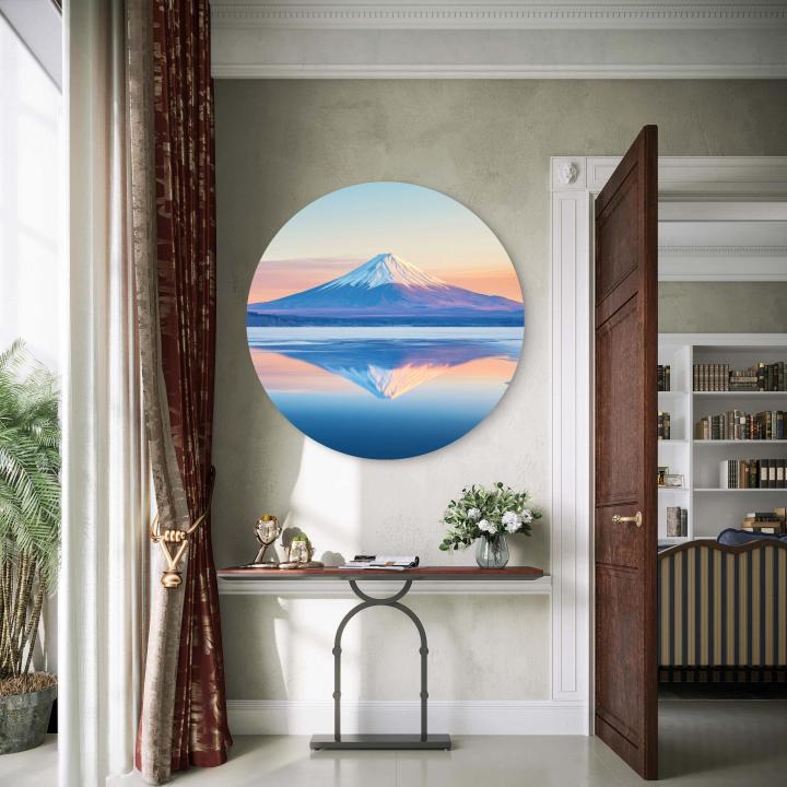 Round Tempered Glass Wall Art - Mountain and Lake Reflection at Sunrise ,Glossy Glass Artwork