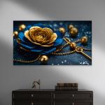 Luxury Gold Flower on Deep Blue Background – Large Tempered Glass Wall Artwork