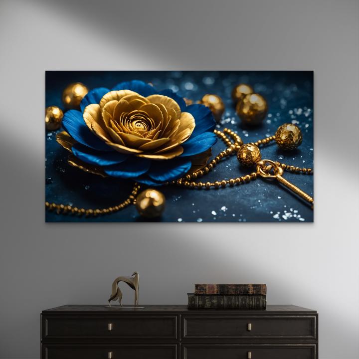 Luxury Gold Flower on Deep Blue Background – Large Tempered Glass Wall Artwork