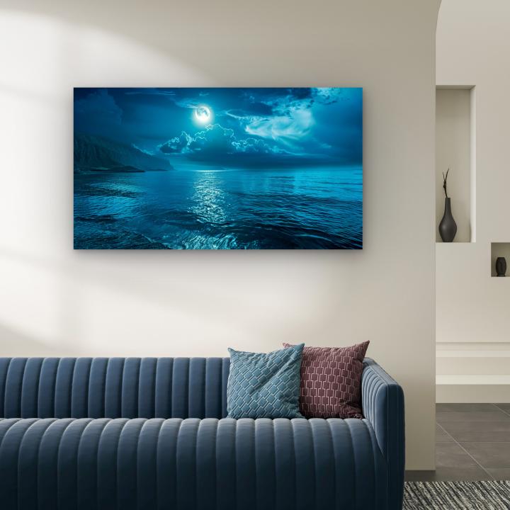 Tempered Glass Wall Art, Full Moon over Ocean Night View,Moonlight Sea Reflection
