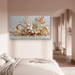 Exquisite Pearl and Gold Embellished Floral Tempered Glass Art | Glossy Large Glass Panel Decor