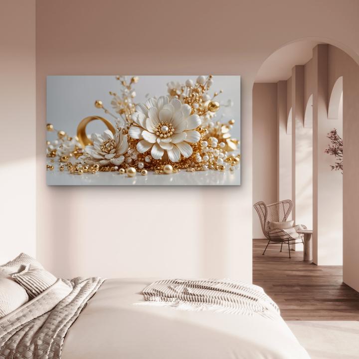 Exquisite Pearl and Gold Embellished Floral Tempered Glass Art | Glossy Large Glass Panel Decor