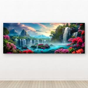 Fantasy Waterfall Tempered Glass Wall Art, Pink Flowers Nature Scene.