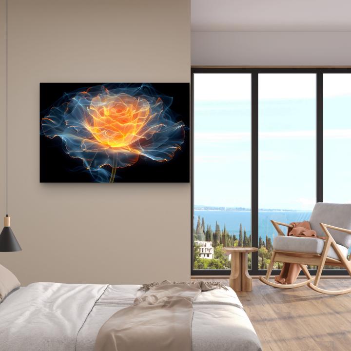 Glowing Abstract Rose Tempered Glass Wall Art, Neon Flower Smoke Effect, Fire and Ice Rose Decor